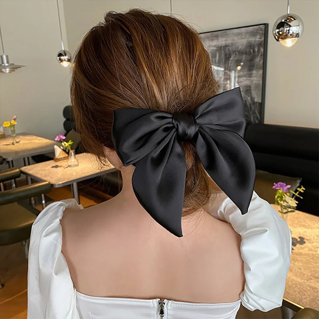 Elegant Satin Bow Hair Tie for Women – Large Ribbon Scrunchie Ponytail Holder, Solid Color Bowknot Elastic Hair Band for Girls