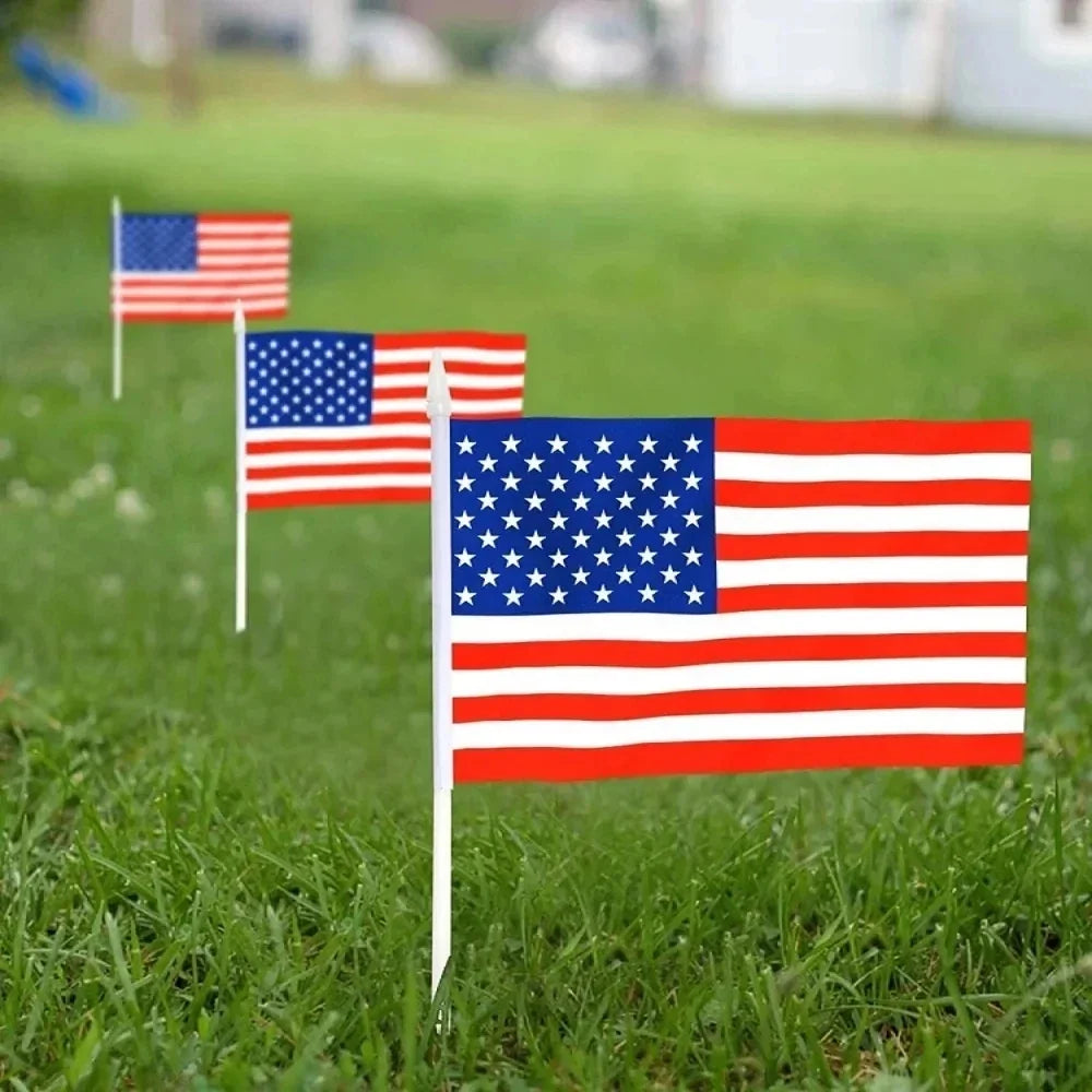 50pc USA Stick Flag, American US 14x21cm HandHeld Mini Flag ensign 30cm Pole United States Hand Held Stick Flags banner In Stock
