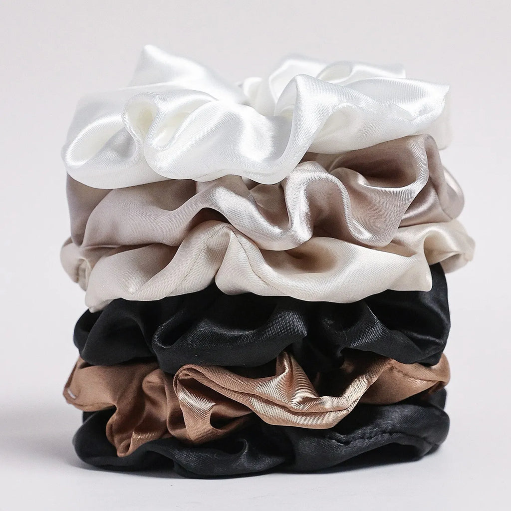 6-Piece Large Satin Scrunchies for Women – Pure Color Silk Hair Ties Set | Soft, Gentle & Stylish Ponytail Holders for Daily Wear