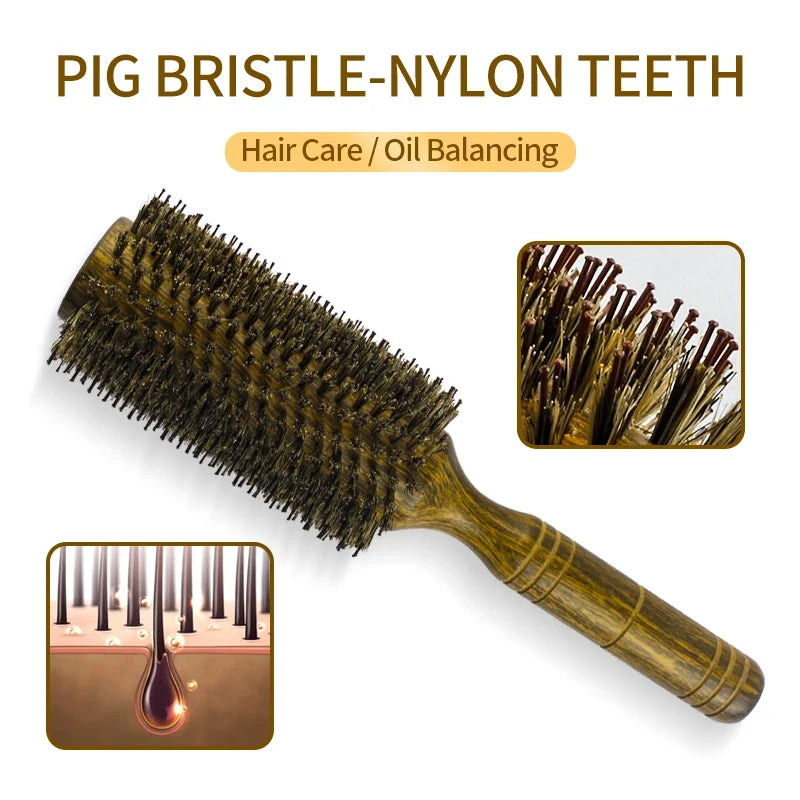 Professional Boar Bristle Round Hair Brush for Women and Men Hair Styling Comb Salon Hairdressing Hairdresser Wood Round Brush