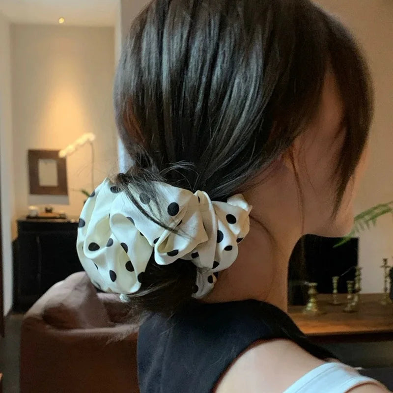 Korean Fashion Dot Satin Scrunchies – Big Elastic Silk Hair Bands for Women & Girls, Black & White