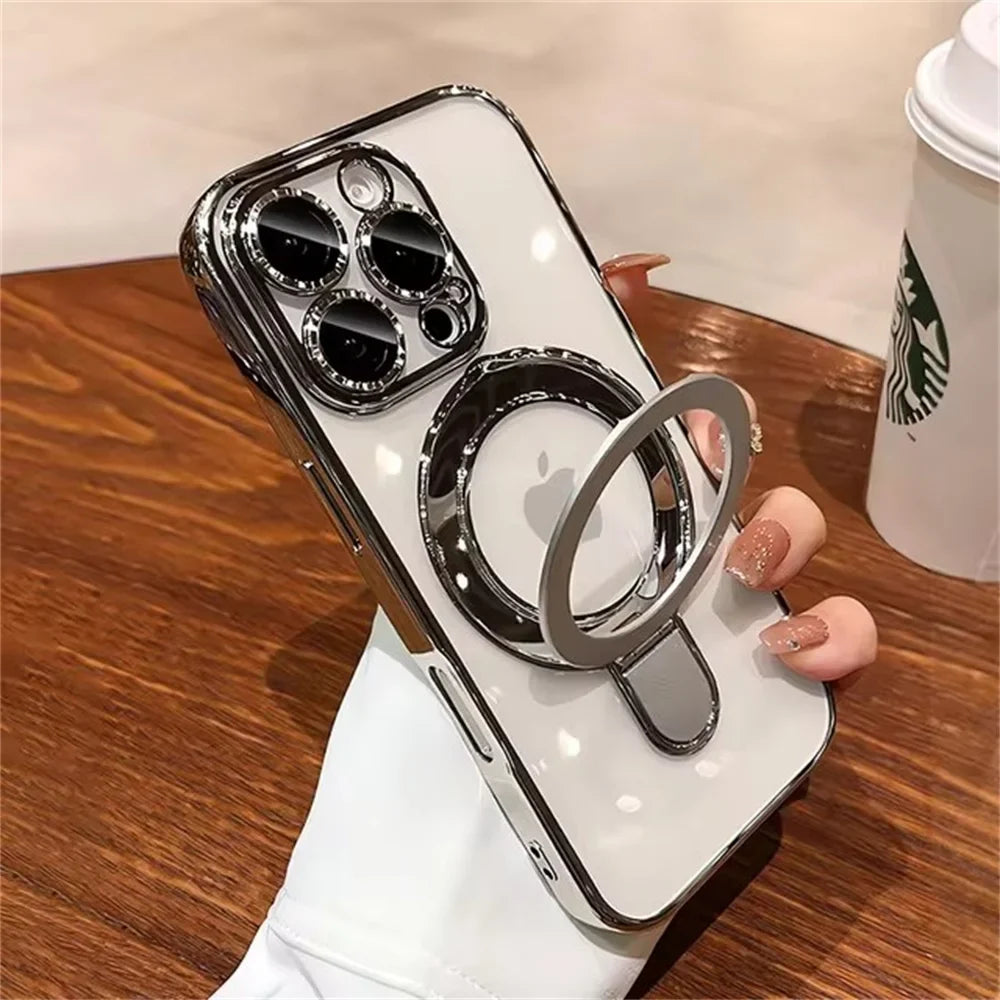Luxury MagSafe Bracket Case for iPhone 16 & 17 – Clear Acrylic with Magnetic Ring Stand