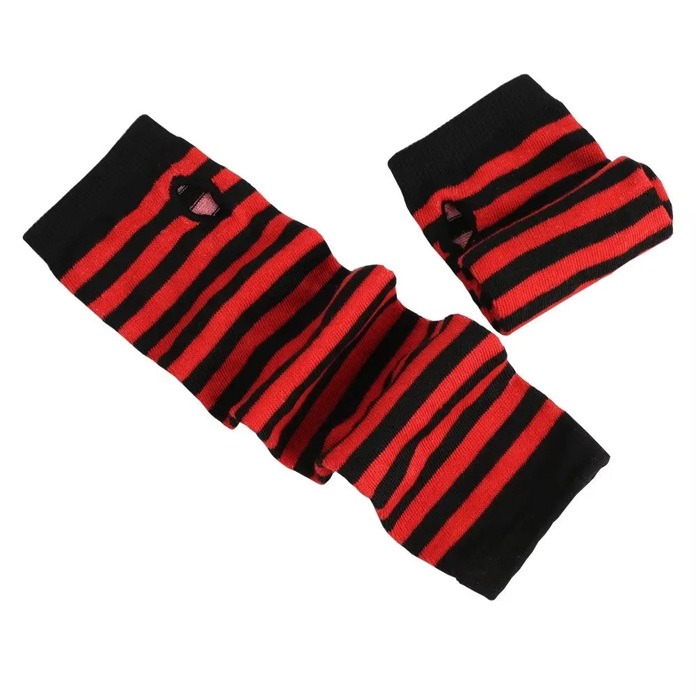 Punk Stripe Fingerless Gloves for Women & Men – Long Knitted Arm Warmers, Elastic Winter Cuffs, Hip-Hop Elbow Mittens for Outdoor & Streetwear