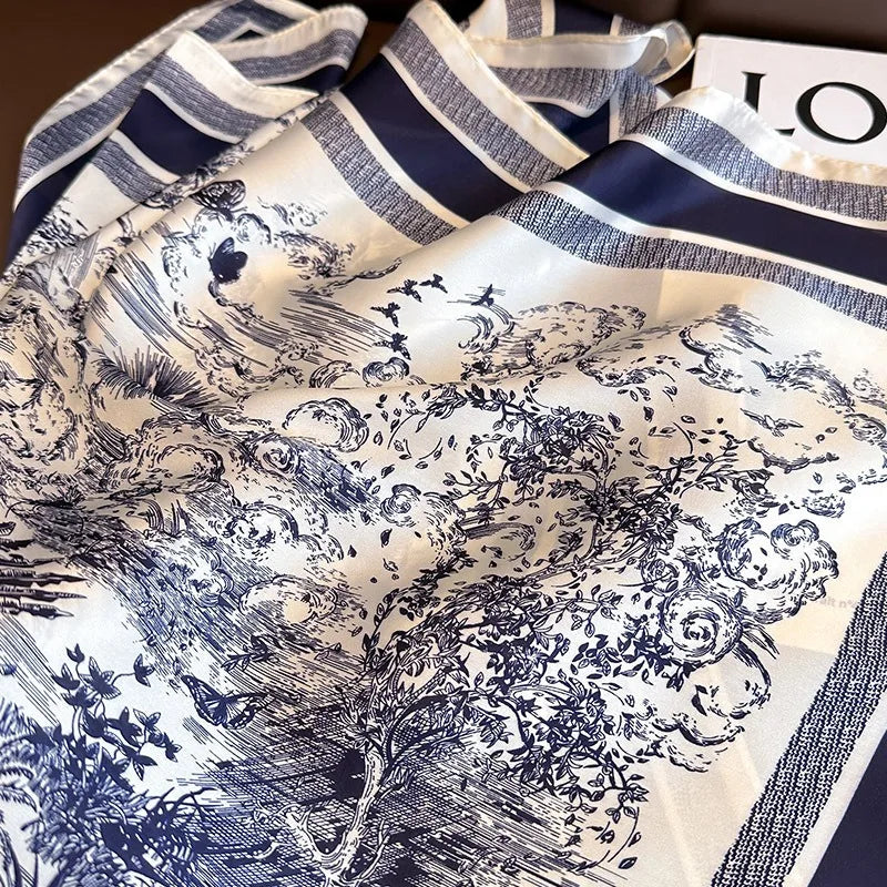 70cm Women’s Plant-Printed Silk Scarf – Elegant Square Headwear, Simulated Silk Neck Scarf for Bag, Hair & Clothing Accessories