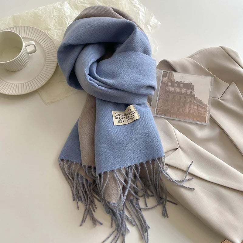 2023 Korean Style Cashmere Winter Scarf for Women – Knitted Double-Sided Solid Color Wrap | Soft Warm Fashion Neckerchief Shawl