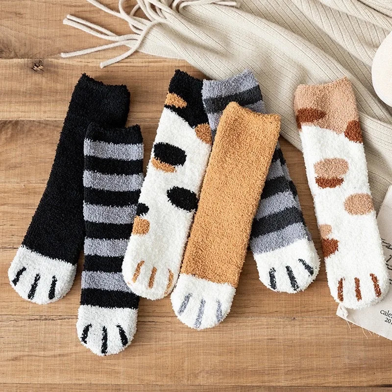 Women Socks Winter Warm Fluffy Socks Cute Animal Claw Cat Paw Footprint Fuzzy Socks Thicken Coral Fleece Home Floor Sleep Socks