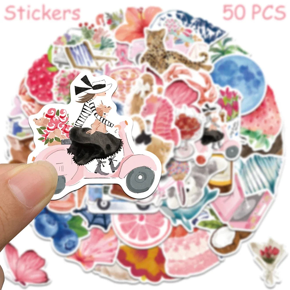 50/100pcs Cartoon Watercolor Dairy Stickers Decals For Phone Laptop Scrapbook Luggage Helmet DIY Graffiti Aesthetic Stickers