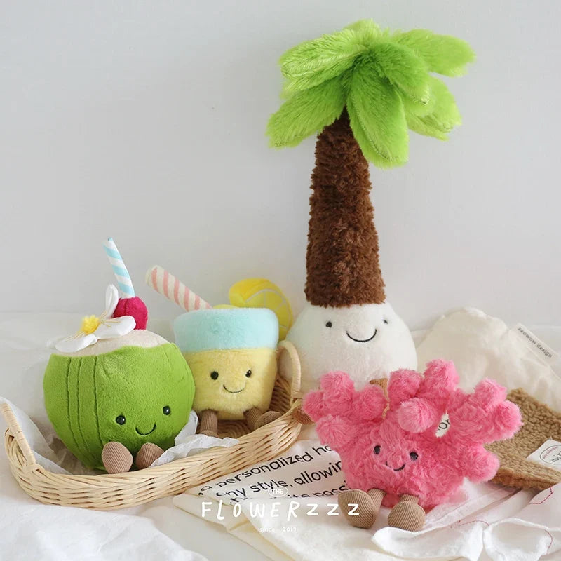 Lemonade Coconut Plush Toy – Very Soft Palm Tree & Red Coral Cartoon Doll, Cute Home Décor & Christmas Gift