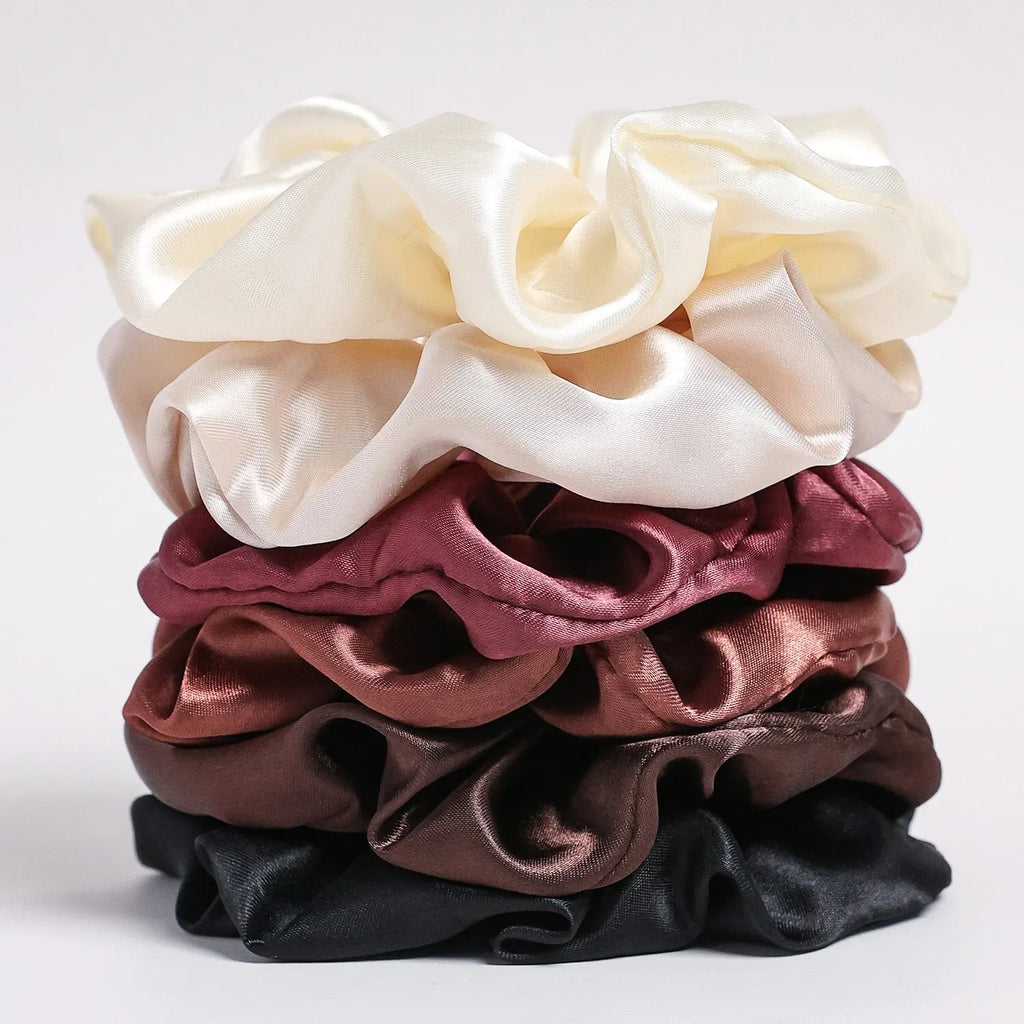 6-Piece Large Satin Scrunchies for Women – Pure Color Silk Hair Ties Set | Soft, Gentle & Stylish Ponytail Holders for Daily Wear