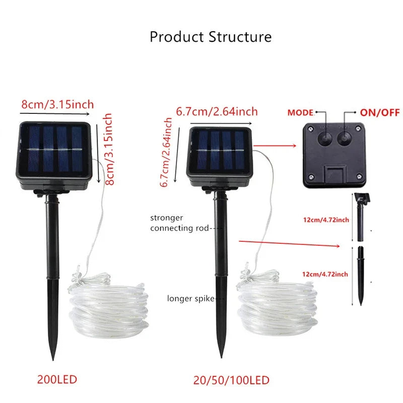 100LED Solar Tube String Light 8 Kinds Of Waterproof Outdoor Led Warm White Copper Wire Light For 2024 Garden Decorative Lights