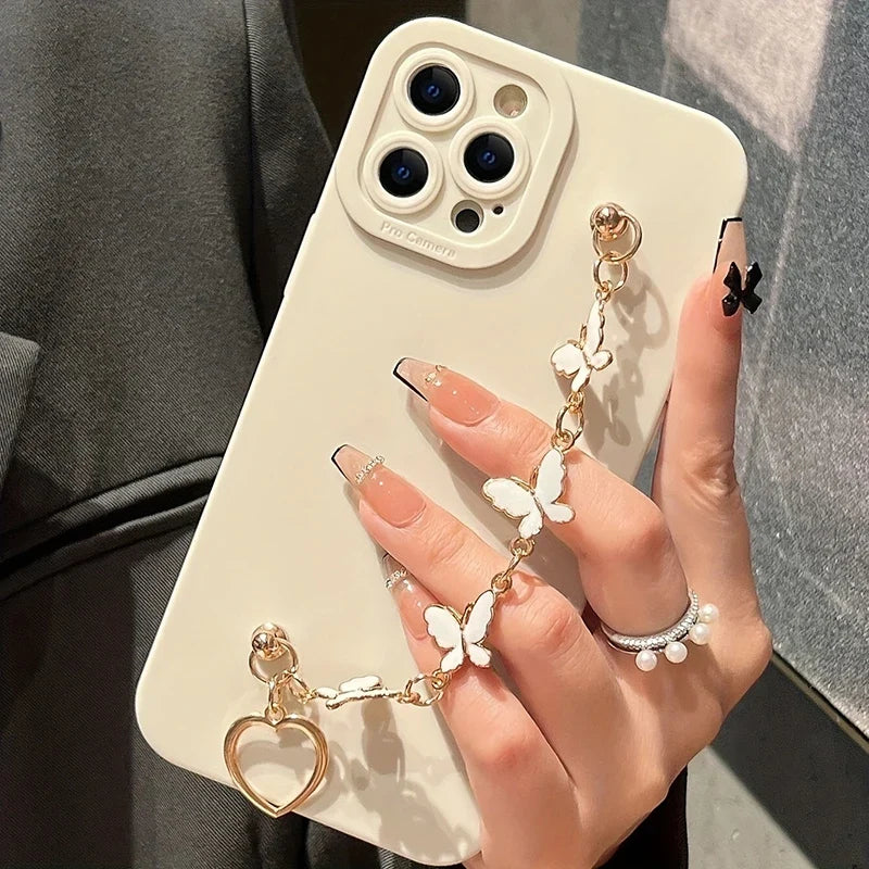 Black White Butterfly Chain Phone Case For iPhone 17 16 15 14 13 12 11 Pro Max 7 8 Plus 16E XR X XS SE Shockproof Silicone Cover