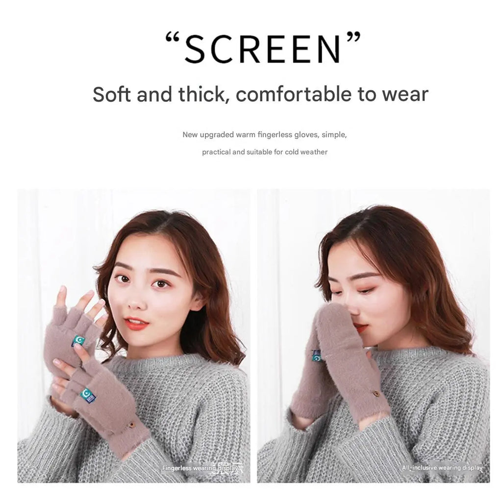 Women’s Plush Fingerless Gloves – Soft Winter Flip Mittens, Thick Warm Writing Gloves for Students & Outdoor Cold Weather Protection