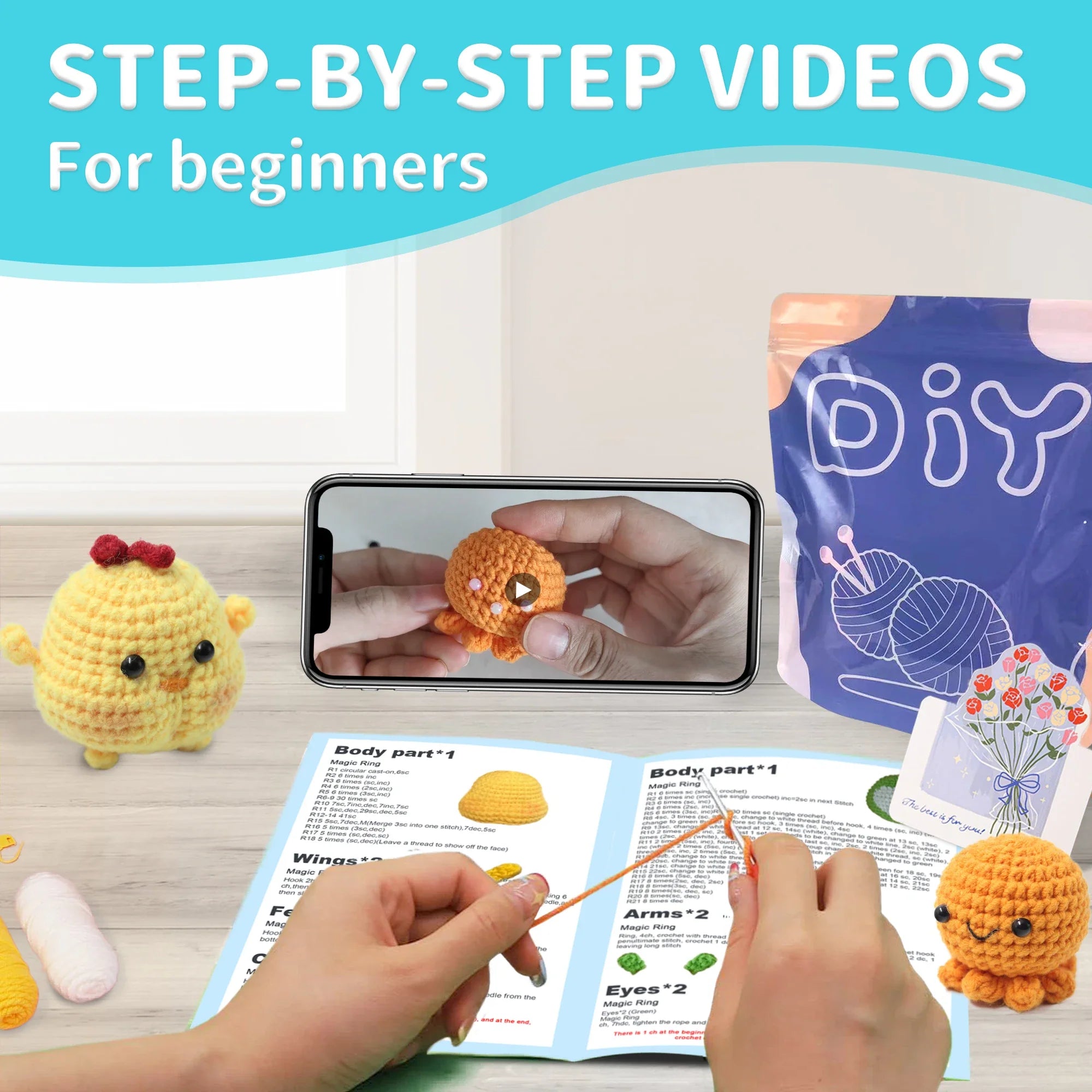 Animal sery Crochet Kit for Beginners Crochet Starter SET ,DIY Crochet Kit For Beginners,Crocheting Knitting Kit Step-by-Step