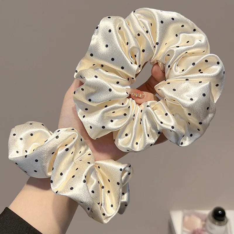 1/3PCS Polka Dot Satin Scrunchies – Large Ruffled Hair Bands for Women, Black & White Elegant Hair Ties