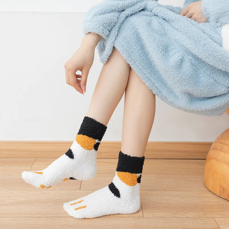 Women Socks Winter Warm Fluffy Socks Cute Animal Claw Cat Paw Footprint Fuzzy Socks Thicken Coral Fleece Home Floor Sleep Socks