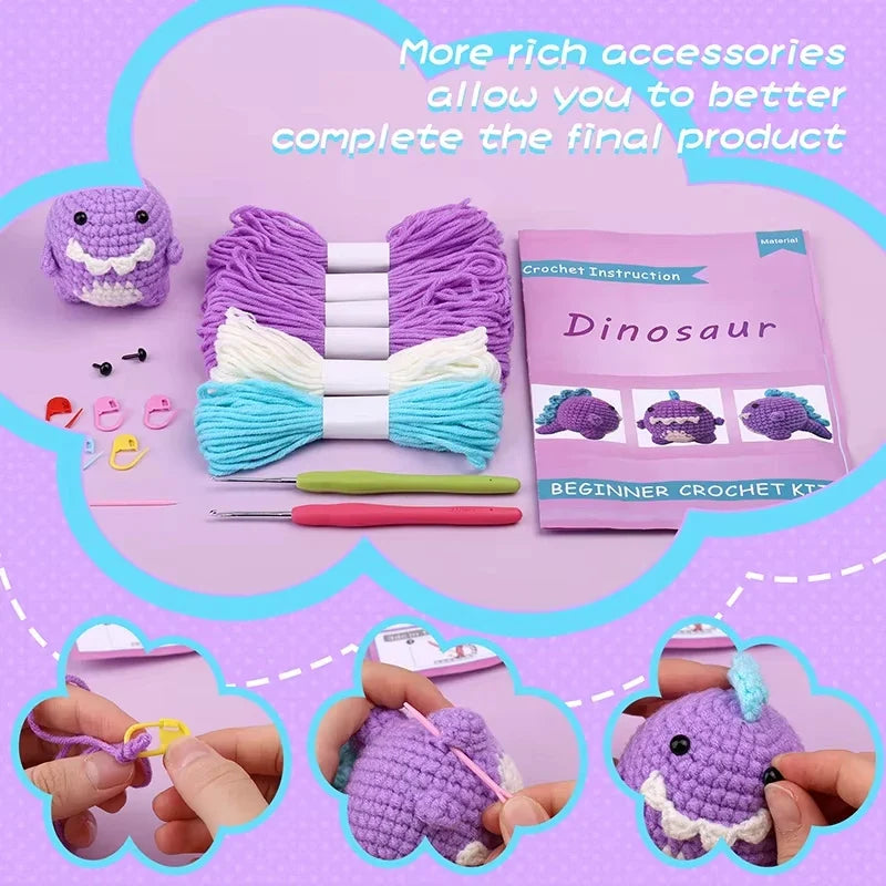 Fenrry Dinosaur Shape Doll Ornaments Hand Made Woven Crochet Wool Diy Crochet Knitted Material Bag Complete Set