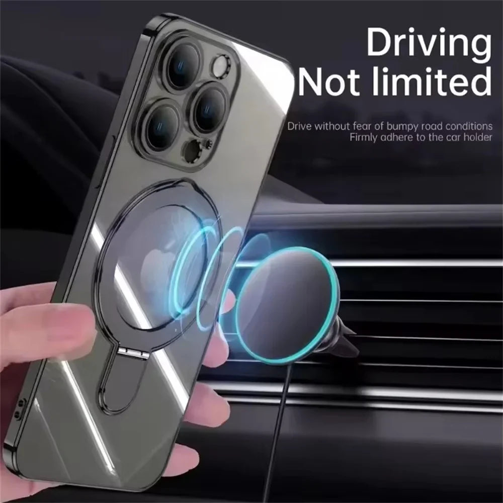Luxury MagSafe Bracket Case for iPhone 16 & 17 – Clear Acrylic with Magnetic Ring Stand