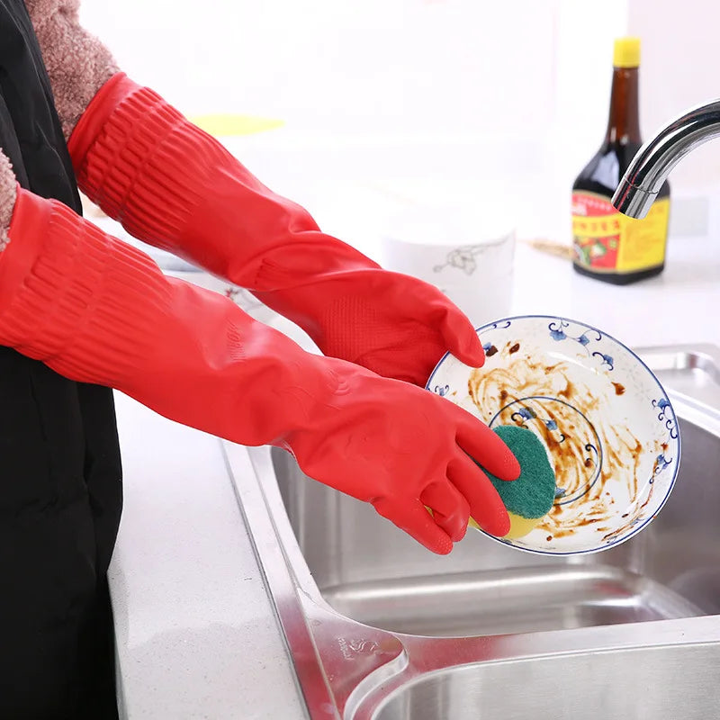 1 Pair Silicone Dishwashing Gloves – Rubber Scrubber Gloves for Household Kitchen Cleaning, Long & Durable
