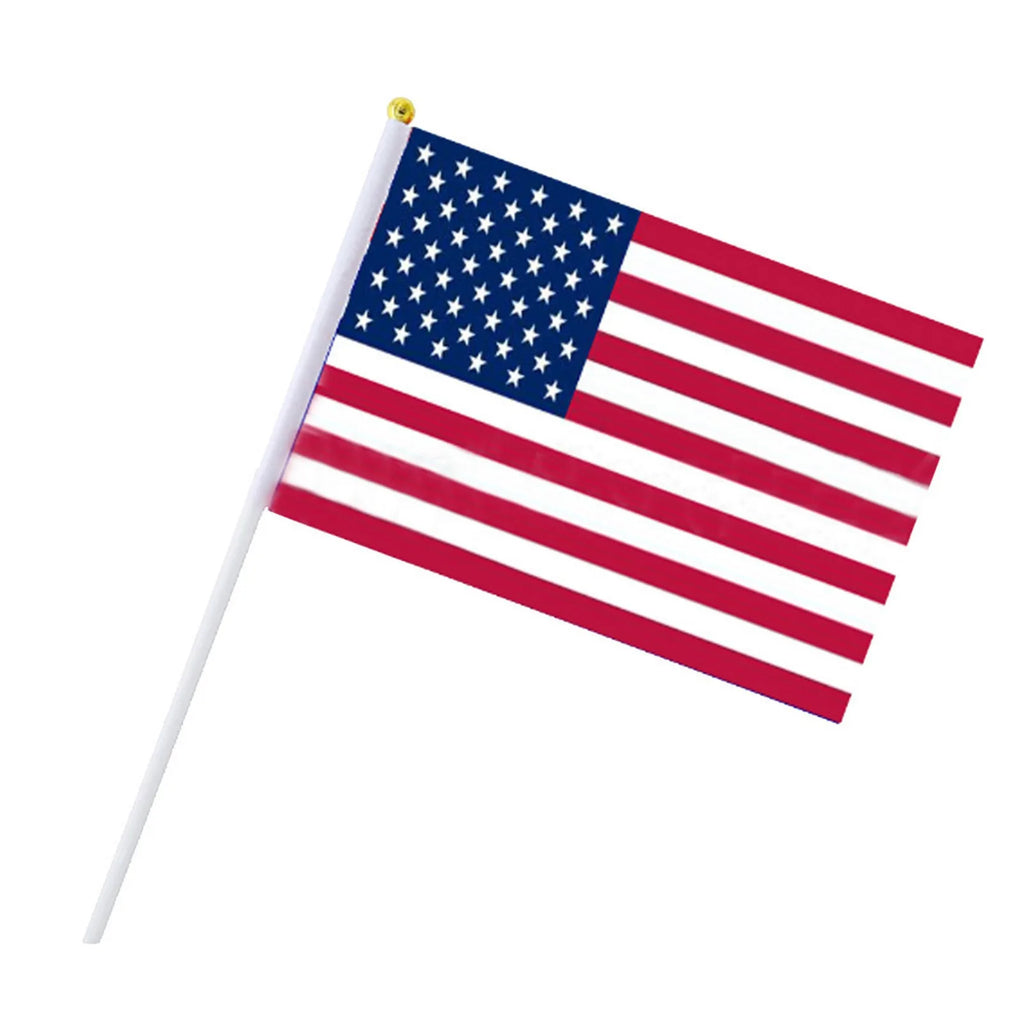 50pc USA Stick Flag, American US 14x21cm HandHeld Mini Flag ensign 30cm Pole United States Hand Held Stick Flags banner In Stock