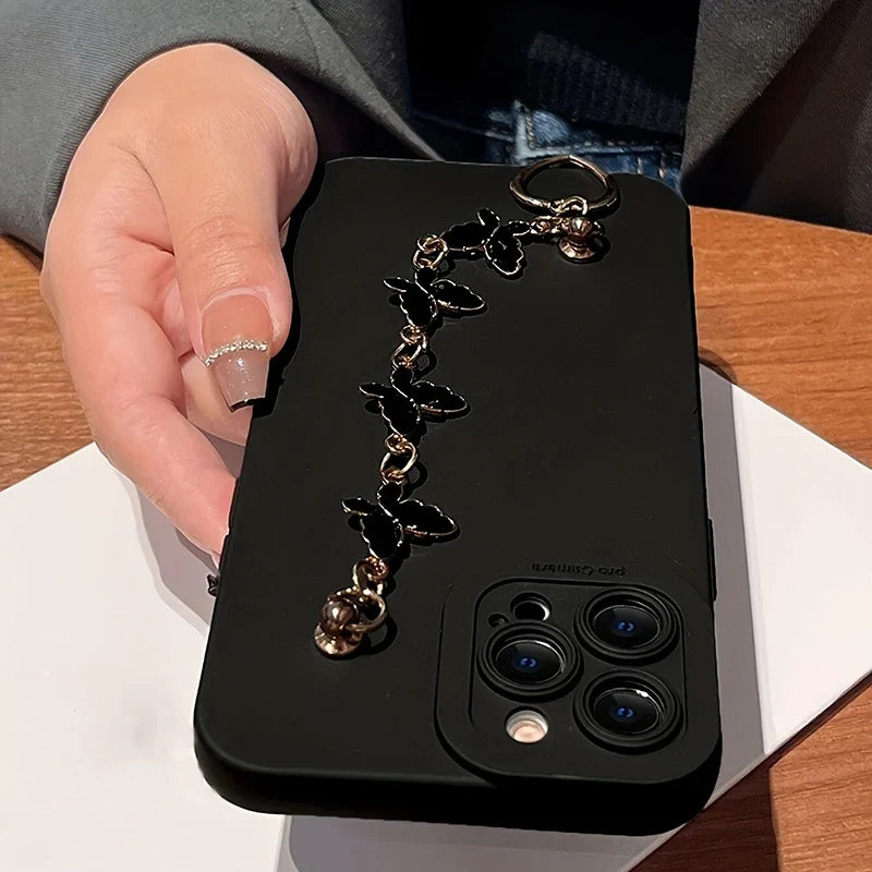 Black White Butterfly Chain Phone Case For iPhone 17 16 15 14 13 12 11 Pro Max 7 8 Plus 16E XR X XS SE Shockproof Silicone Cover