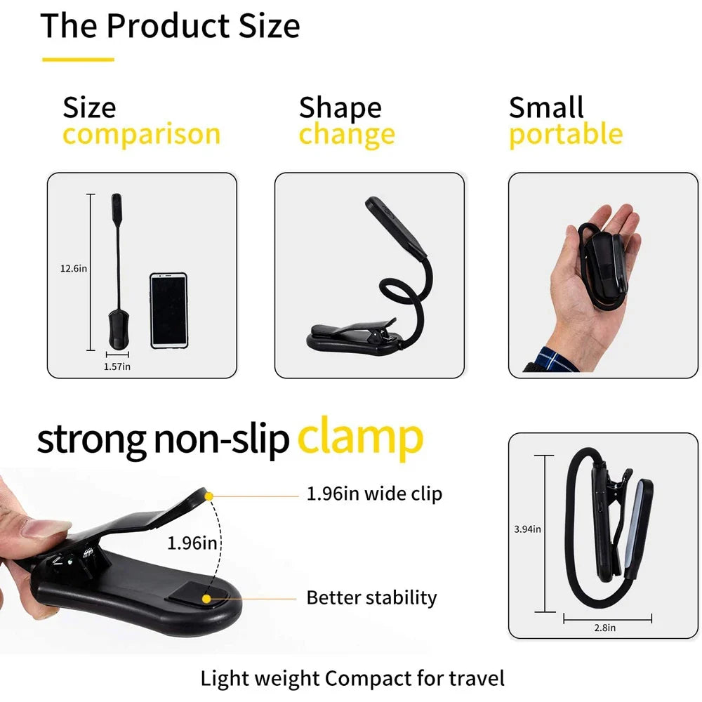 Book Light Mini 7 LED Reading Light Rechargeable 3-Level Warm Cool White Flexible Easy Clip Lamp Read Night Reading Lamp in Bed