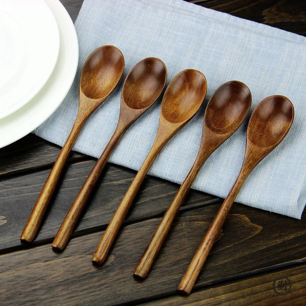 5-Piece Wooden Spoon & Fork Set – Natural Eco-Friendly Tableware | Handmade Ellipse Soup Ladle & Cooking Utensil Set
