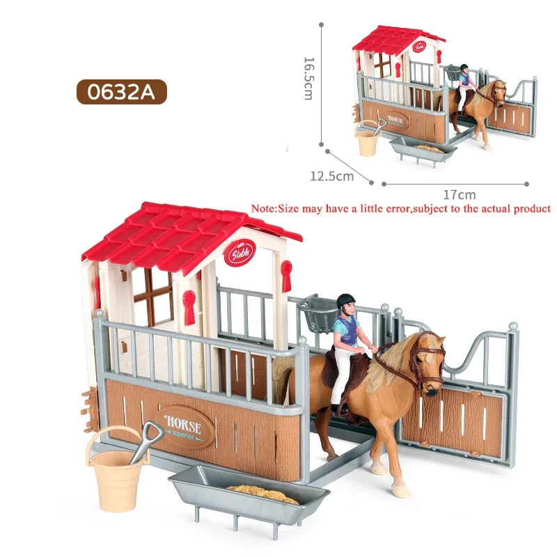 Oenux Farm Stable House Model Action Figures Emulational Horseman Horse Animals Playset Figurine Cute Educational Kids Toy Gift
