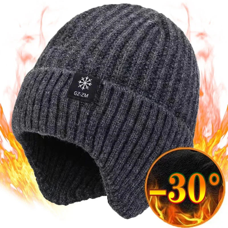 Outdoor Men’s Winter Knitted Bomber Hat – Plush Lined Peaked Cap with Earmuffs | Warm Faux Fur Cycling Hat for Cold Weather Protection