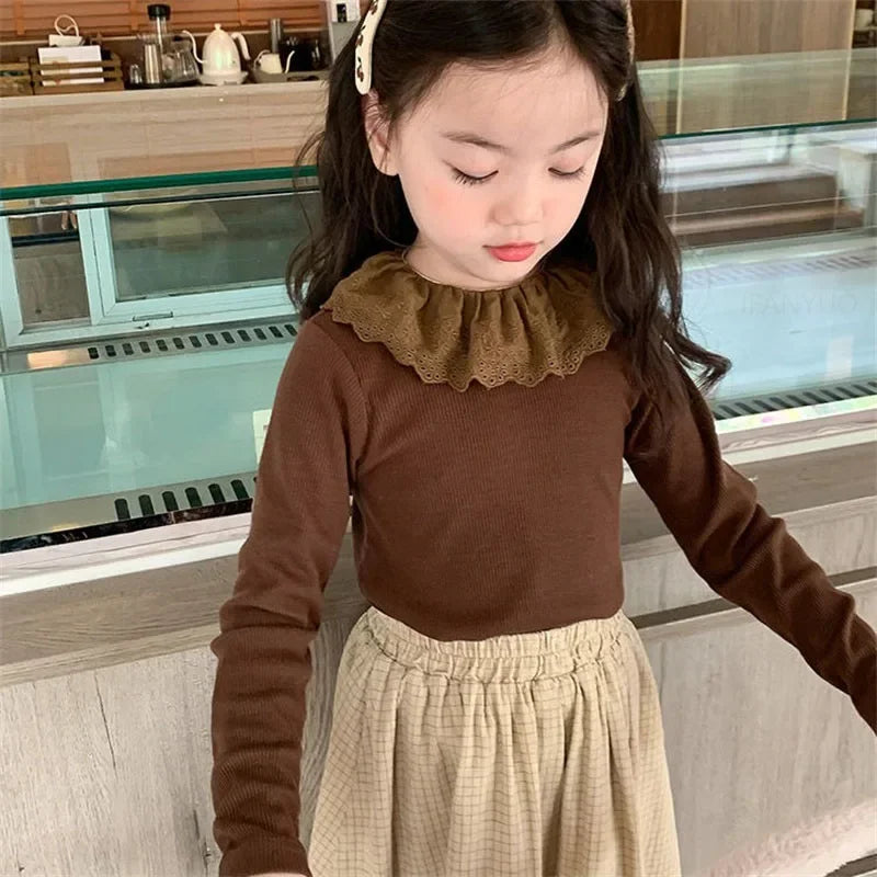 1-12Years Long Sleeved Shirts Children's Spring Knitted Tops Baby's Lace 2025 Lace Base Shirt Korean Girls Ruffle Collar T-shirt