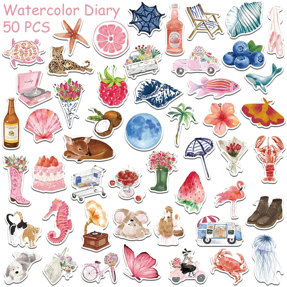50/100pcs Cartoon Watercolor Dairy Stickers Decals For Phone Laptop Scrapbook Luggage Helmet DIY Graffiti Aesthetic Stickers