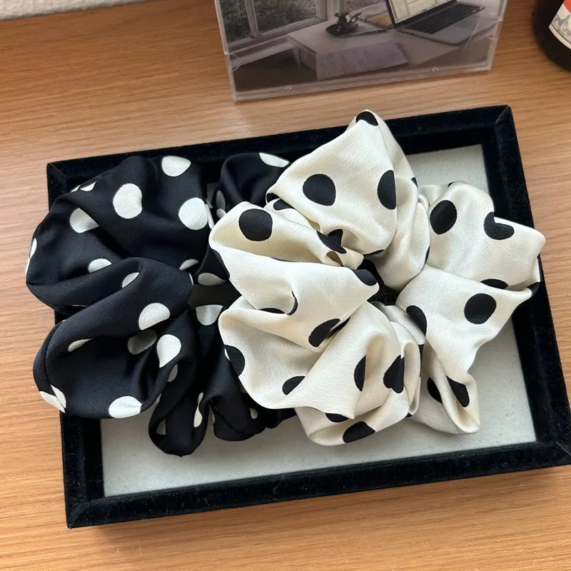 Korean Fashion Dot Satin Scrunchies – Big Elastic Silk Hair Bands for Women & Girls, Black & White