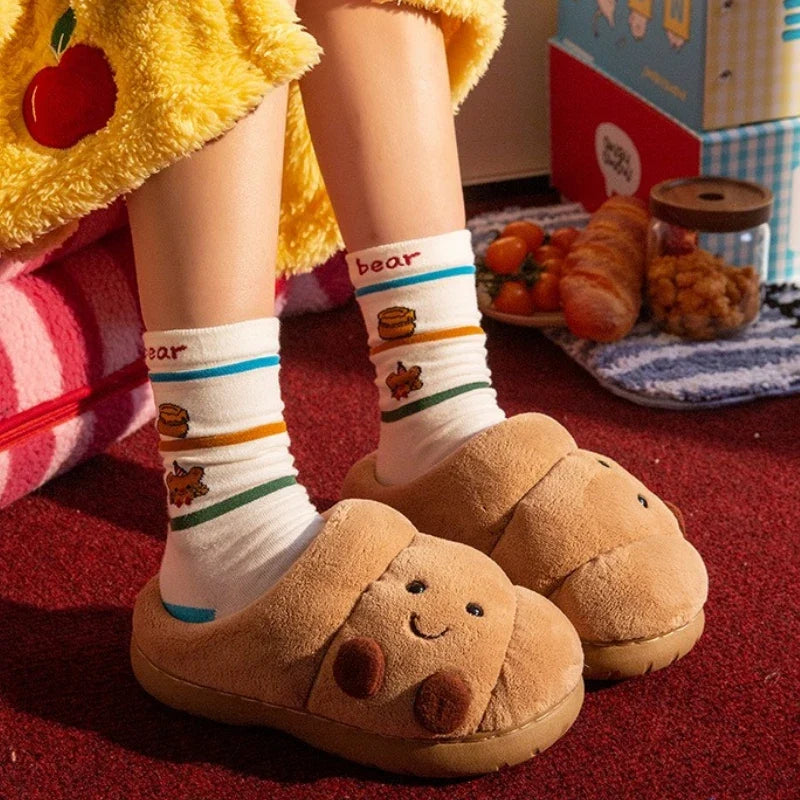 Cute Cartoon Fluffy Slippers For Women Men Winter House Shoes Furry Croissant Bread Style Anti-slip Couples Home Cotton Slides