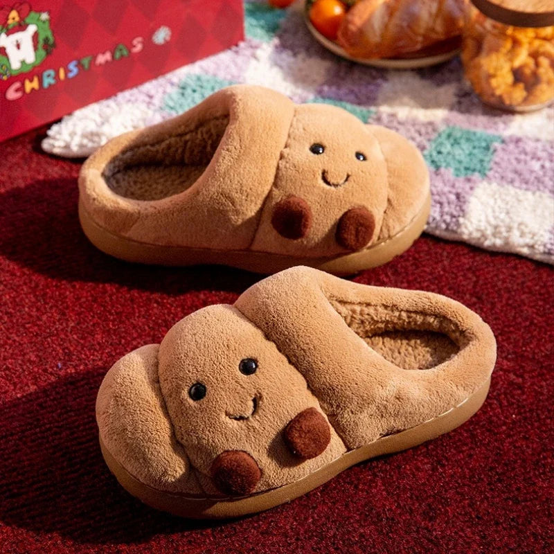 Cute Cartoon Fluffy Slippers For Women Men Winter House Shoes Furry Croissant Bread Style Anti-slip Couples Home Cotton Slides