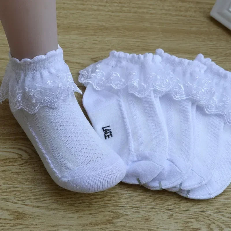 10 Pairs Baby Girls Socks – Lace Ruffle Princess Ankle Socks, Breathable Cotton Mesh for Toddlers, White, Pink & Blue
