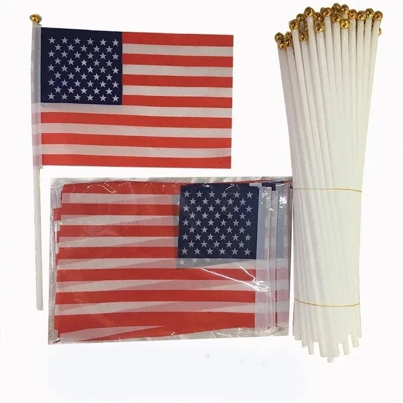 50pc USA Stick Flag, American US 14x21cm HandHeld Mini Flag ensign 30cm Pole United States Hand Held Stick Flags banner In Stock