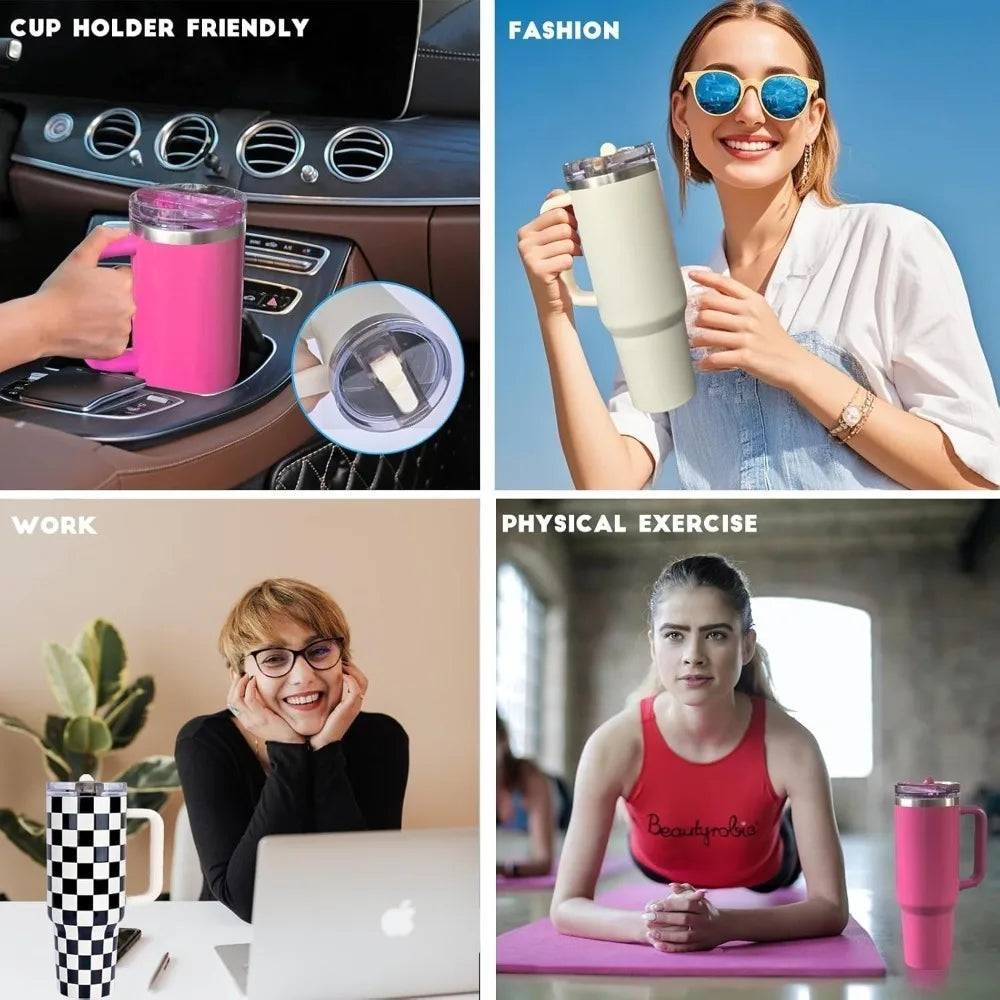 40 Oz / 1200 Ml Insulated Mug with Handle and Straw, Stainless Steel Tumbler with Spill-proof Lid for Hot or Cold Drinks