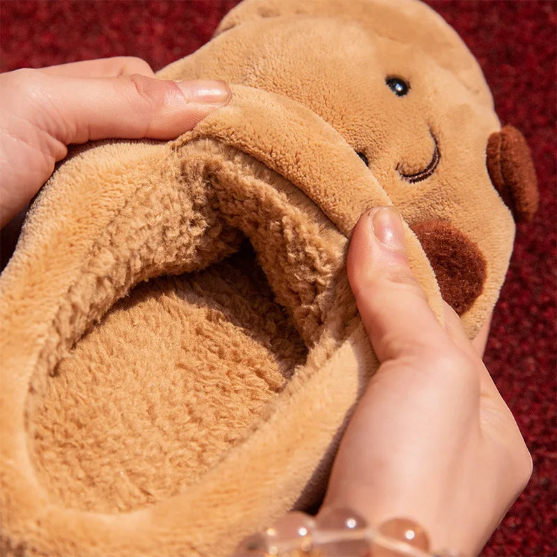 Cute Cartoon Fluffy Slippers For Women Men Winter House Shoes Furry Croissant Bread Style Anti-slip Couples Home Cotton Slides