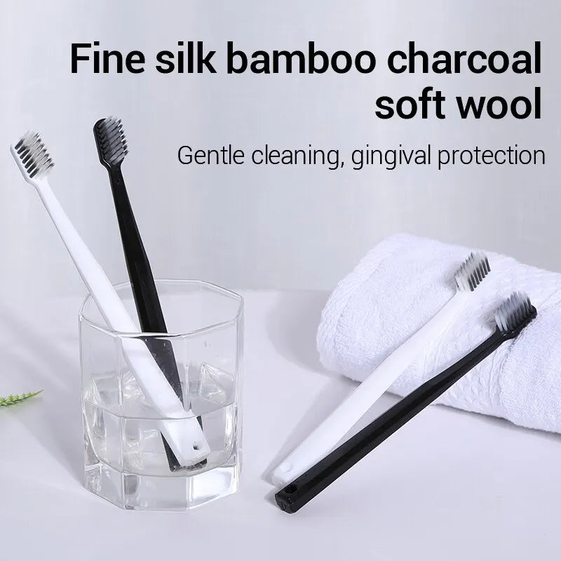 10-Pack Bamboo Charcoal Toothbrush Set – Ultra-Soft Silk Bristles for Men & Women | Eco-Friendly Black & White Adult Family Toothbrushes