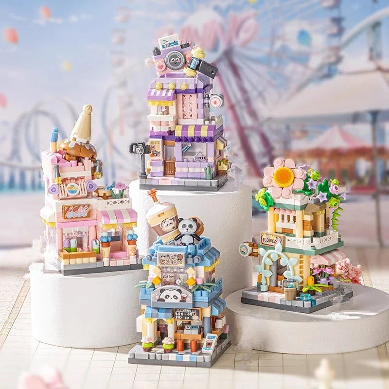 NEW Panda Pet Coffee Ice Cream Flower Shop Store Street View Food House Building Blocks Kit Girls Bricks Model Kids Toy Children