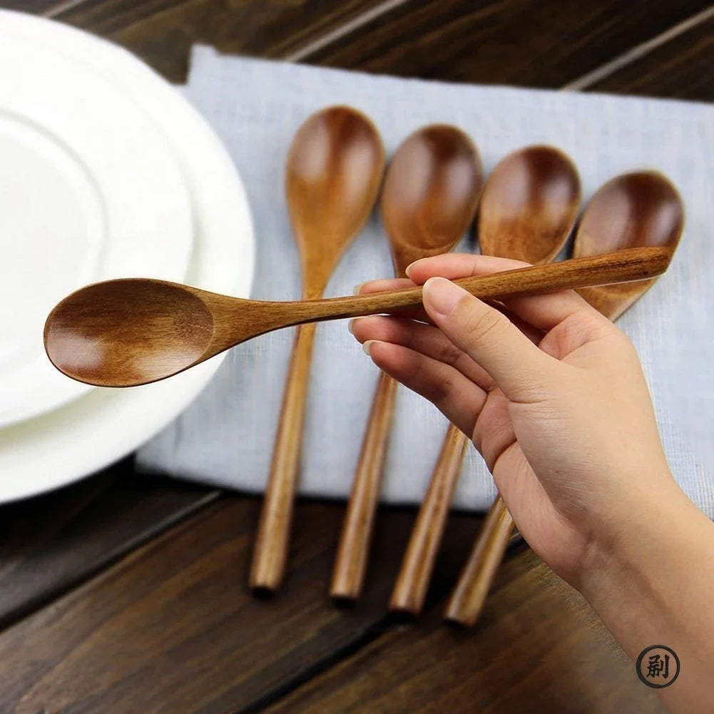 5-Piece Wooden Spoon & Fork Set – Natural Eco-Friendly Tableware | Handmade Ellipse Soup Ladle & Cooking Utensil Set