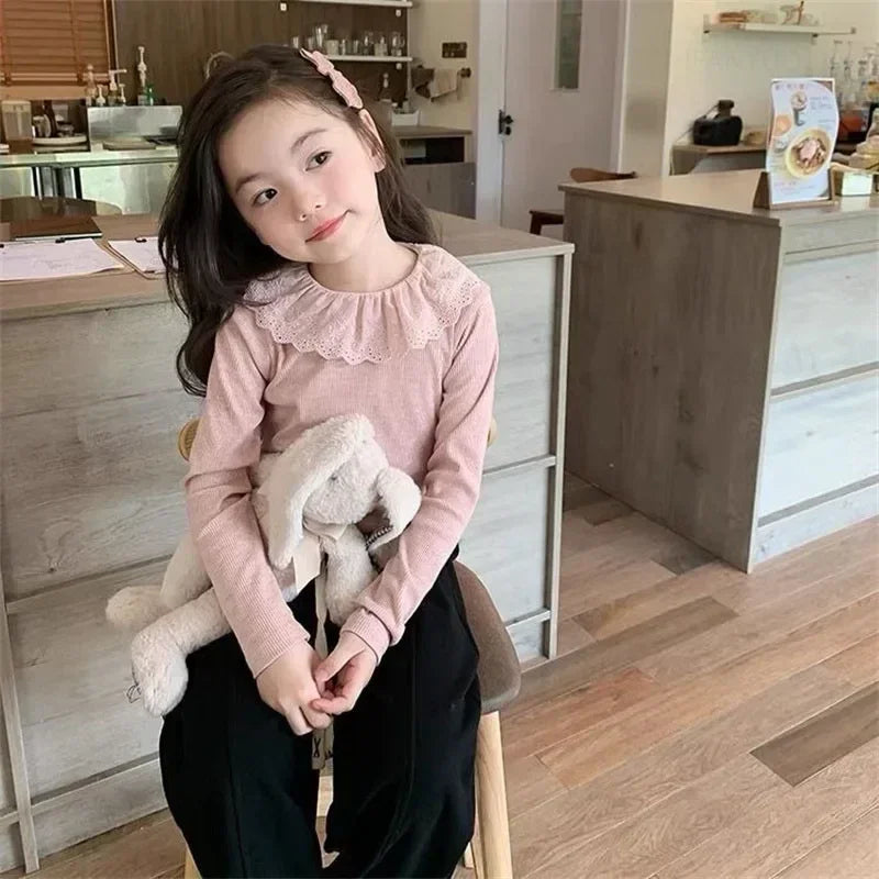 1-12Years Long Sleeved Shirts Children's Spring Knitted Tops Baby's Lace 2025 Lace Base Shirt Korean Girls Ruffle Collar T-shirt