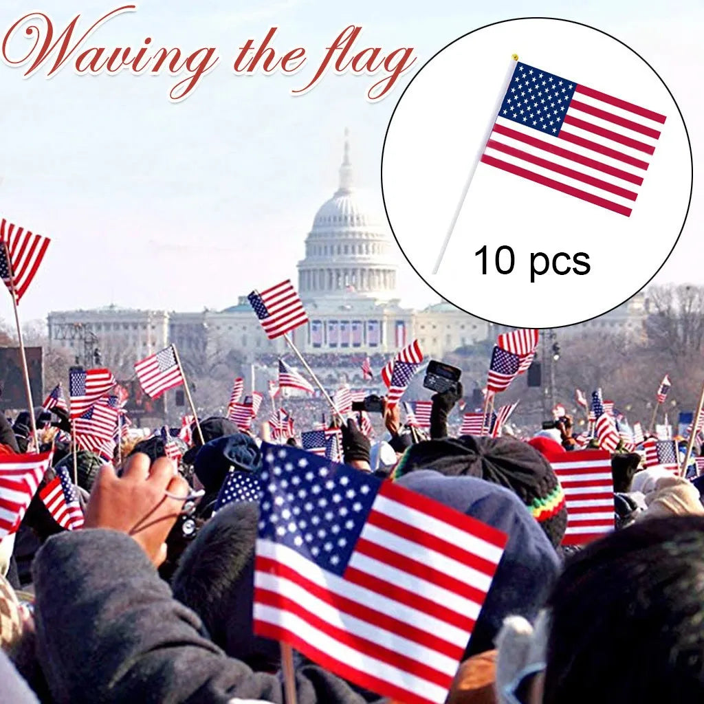 50pc USA Stick Flag, American US 14x21cm HandHeld Mini Flag ensign 30cm Pole United States Hand Held Stick Flags banner In Stock