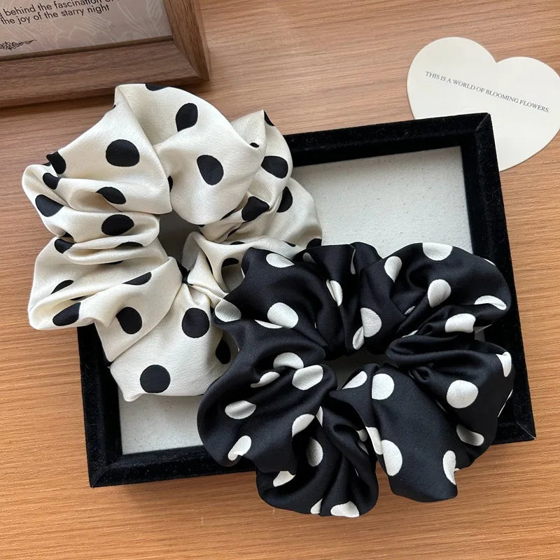 Korean Fashion Dot Satin Scrunchies – Big Elastic Silk Hair Bands for Women & Girls, Black & White