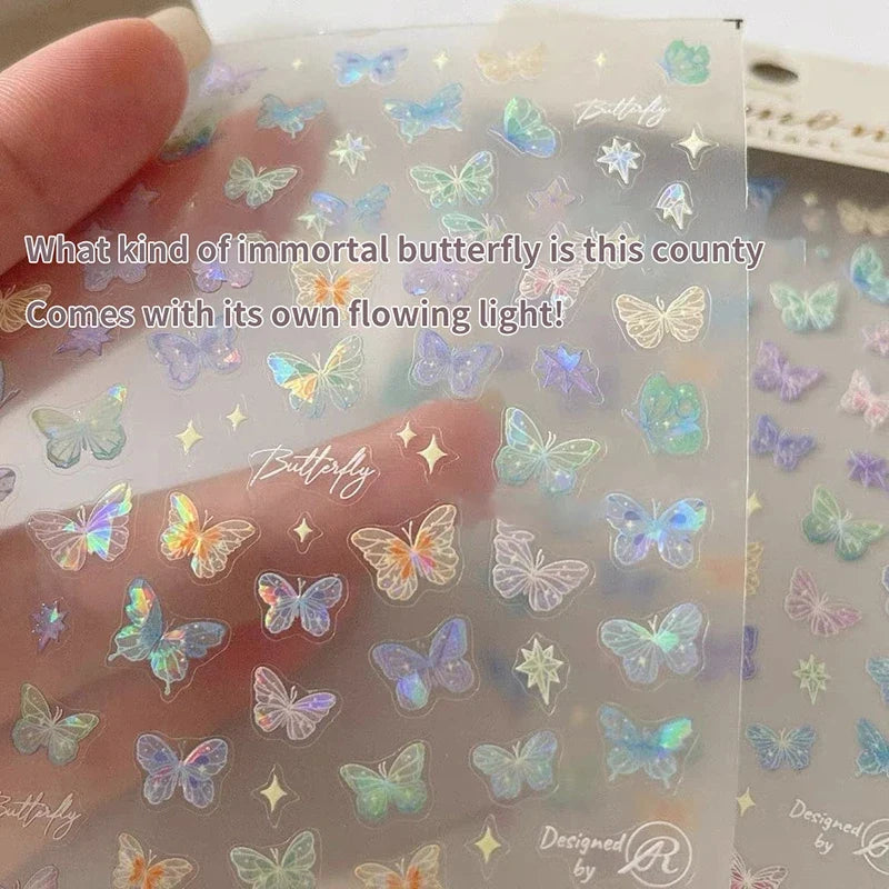 1/5sheets Fashion Butterfly Wing Streamer Laser Stickers Advanced Embossed Nail Art Stickers Colorful Butterfly Fairy Stickers