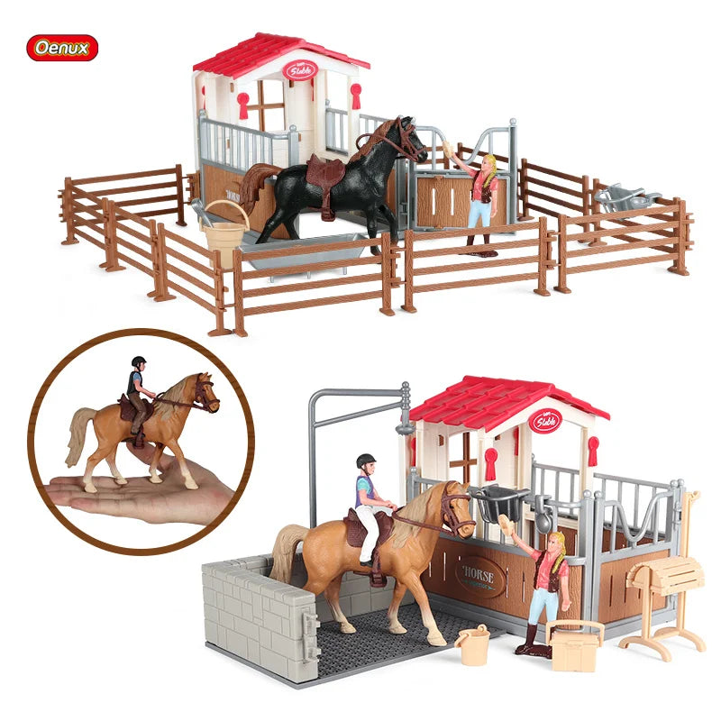 Oenux Farm Stable House Model Action Figures Emulational Horseman Horse Animals Playset Figurine Cute Educational Kids Toy Gift