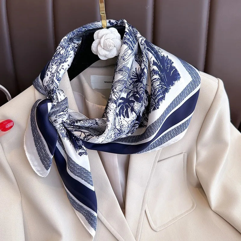 70cm Women’s Plant-Printed Silk Scarf – Elegant Square Headwear, Simulated Silk Neck Scarf for Bag, Hair & Clothing Accessories