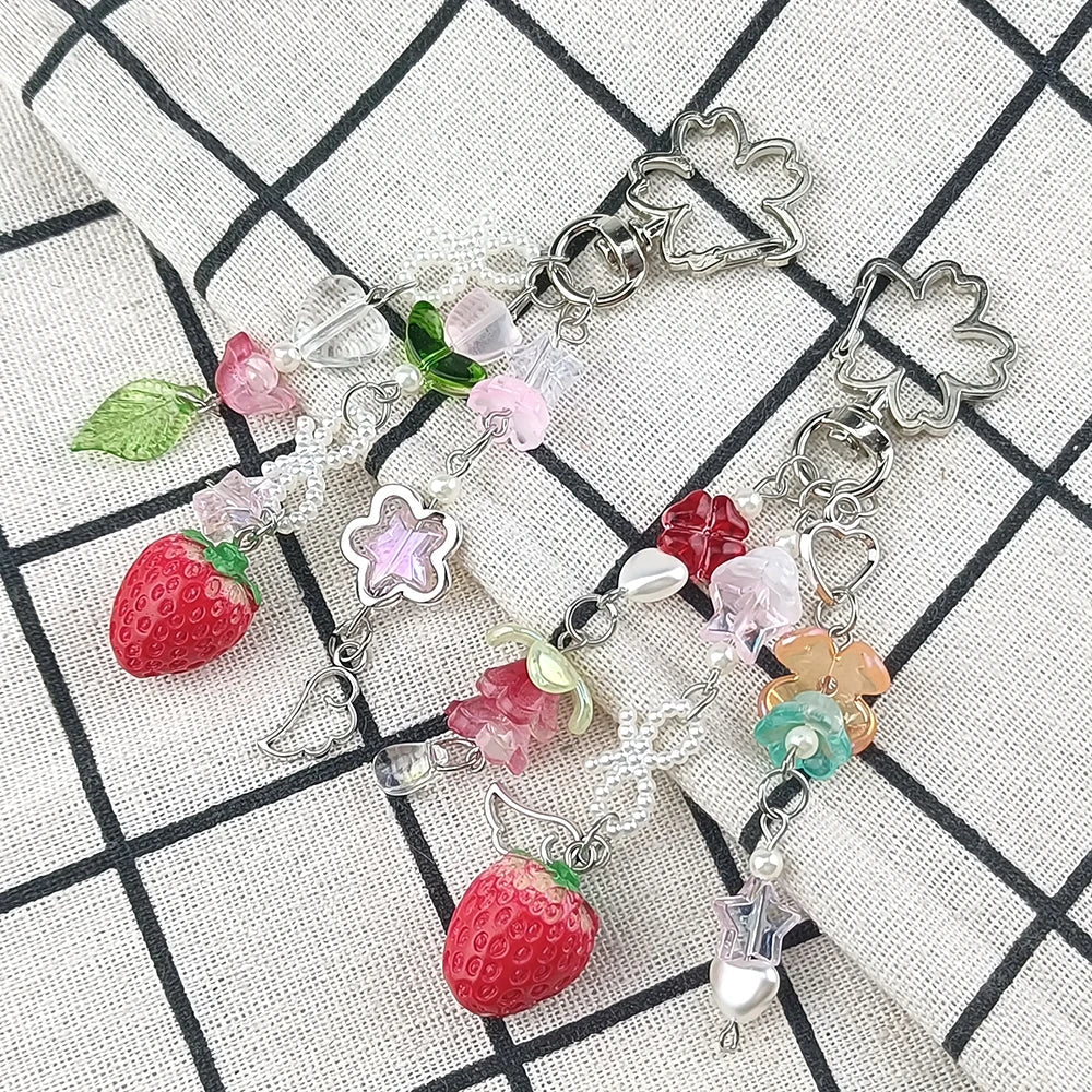 Cute Strawberry Bow Keychain Y2K Coquettish Fairytale Lily of the Valley Handbag Pendant Key Ring Jewelry Accessories Girls Gift