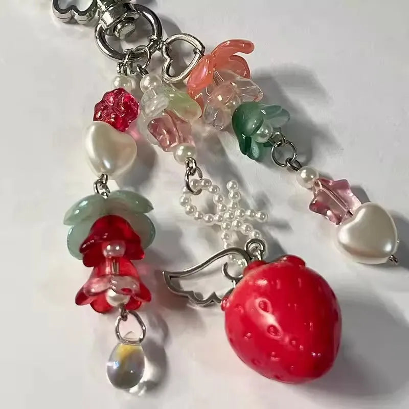 Cute Strawberry Bow Keychain Y2K Coquettish Fairytale Lily of the Valley Handbag Pendant Key Ring Jewelry Accessories Girls Gift