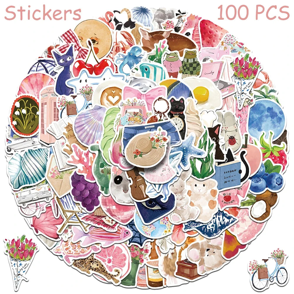 50/100pcs Cartoon Watercolor Dairy Stickers Decals For Phone Laptop Scrapbook Luggage Helmet DIY Graffiti Aesthetic Stickers