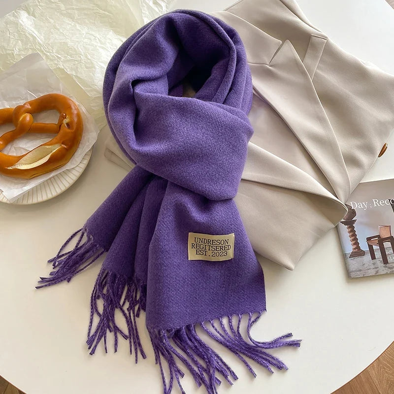 2023 Korean Style Cashmere Winter Scarf for Women – Knitted Double-Sided Solid Color Wrap | Soft Warm Fashion Neckerchief Shawl